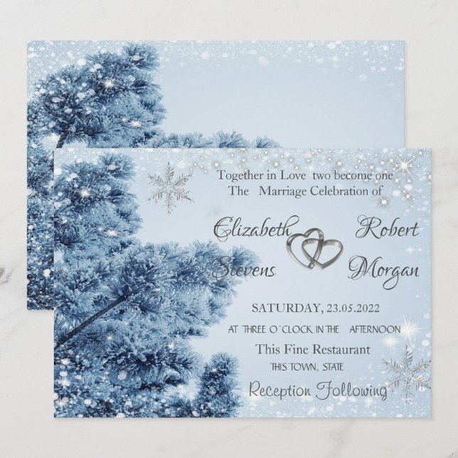 Invitación Winter Wonderland, Nieve, Boda de copos de nieve (Anverso / Reverso)