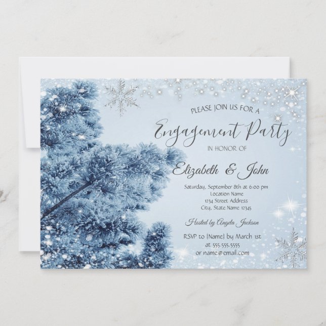 Invitación Winter Wonderland, Nieve, compromiso con copos de  (Anverso)