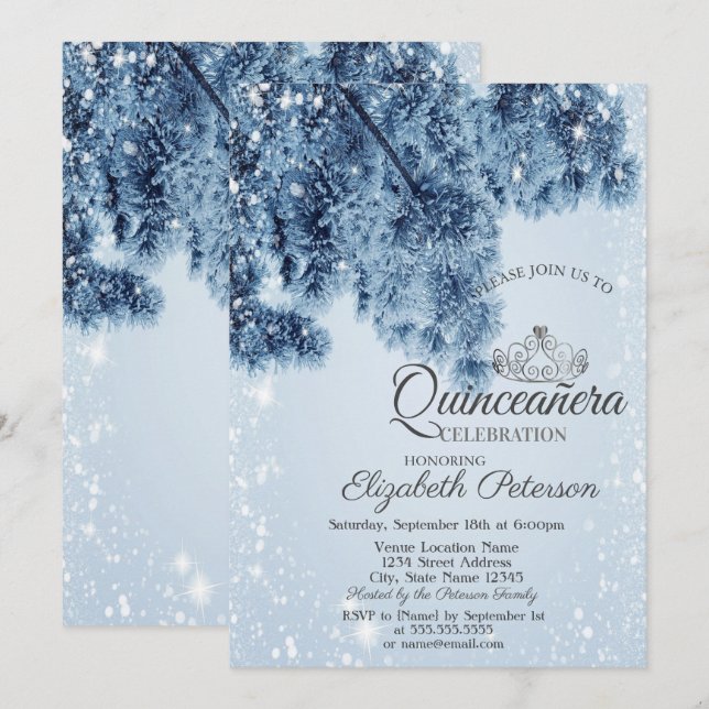 Invitación Winter Wonderland, Nieve, Copos de Nieve Quinceañe (Anverso / Reverso)