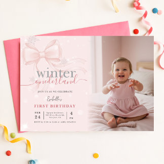 Invitación Winter Wonderland Pink Bow Photo First Birthday