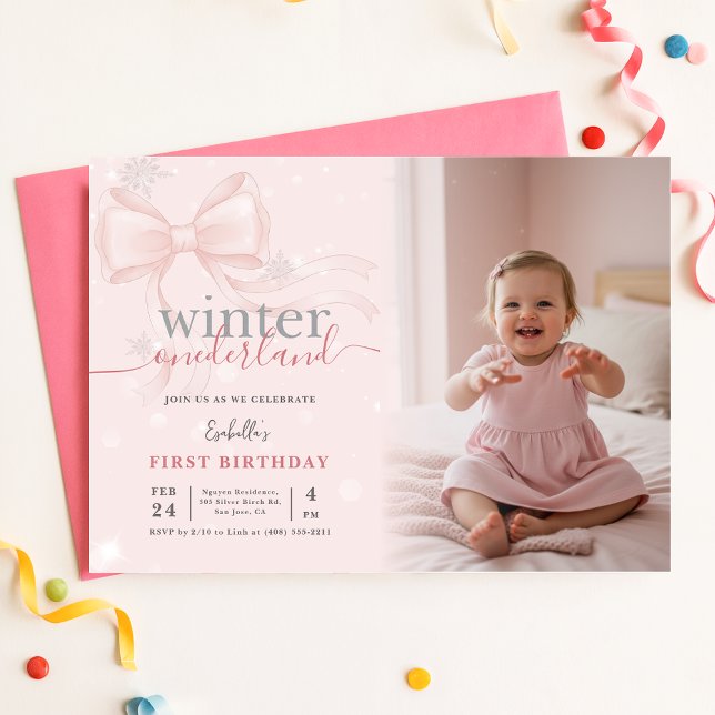 Invitación Winter Wonderland Pink Bow Photo First Birthday (Subido por el creador)
