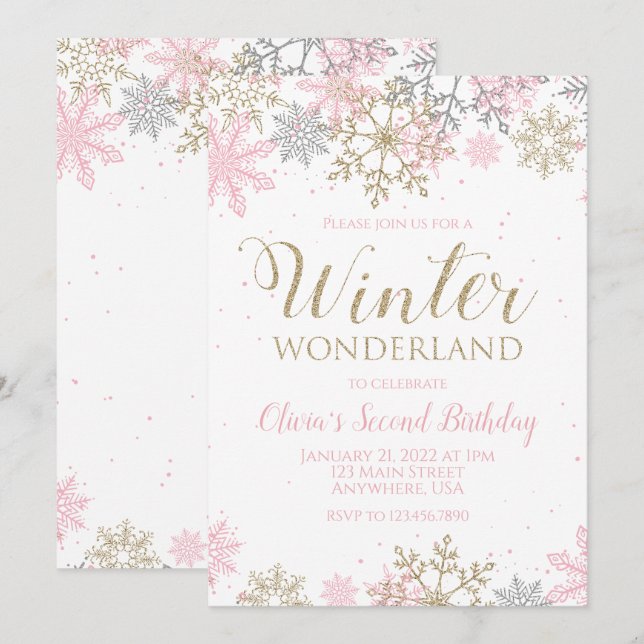 Invitación Winter Wonderland Pink Gold Snowflake Cumpleaños (Anverso / Reverso)