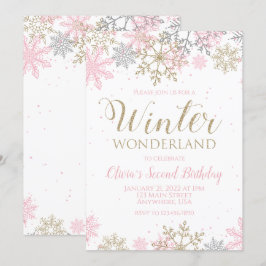 Invitación Winter Wonderland Pink Gold Snowflake Cumpleaños