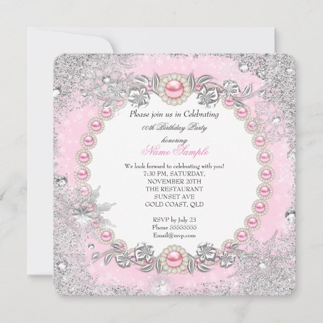 Invitación Winter Wonderland Pink Pearl Snowflake Cumpleaños (Anverso)
