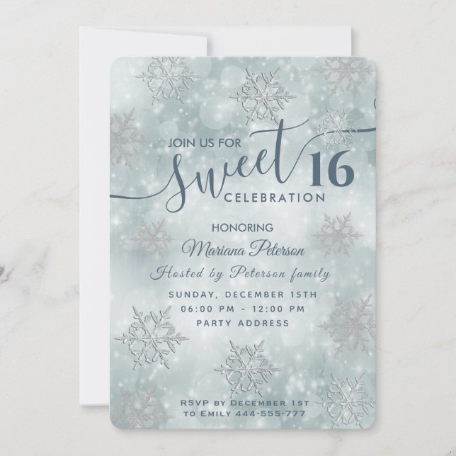 Invitación Winter wonderland polvoriento azul bokeh dulce 16 (Anverso)