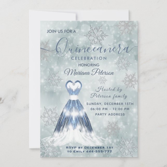 Invitación Winter wonderland polvoriento azul Quinceañera (Anverso)