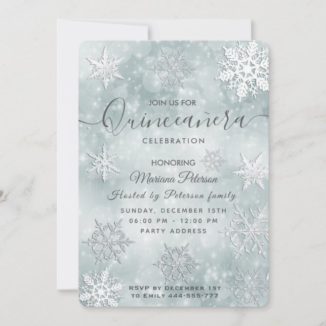 Invitación Winter wonderland polvoriento bokeh azul Quinceañe (Anverso)