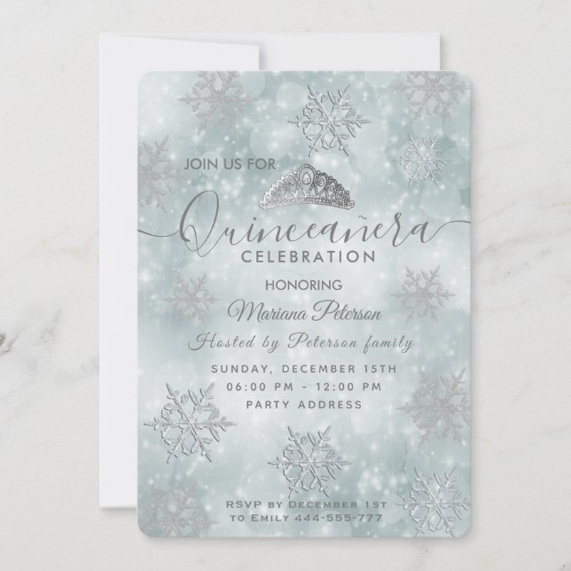 Invitación Winter wonderland polvoriento tiara azul Quinceañe (Anverso)