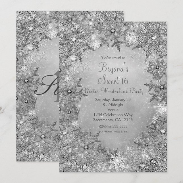 Invitación Winter Wonderland Pure Silver Elegante Copos de Ni (Anverso / Reverso)