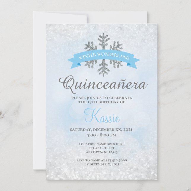 Invitación Winter Wonderland Quinceañera 15th Birthday Silver (Anverso)