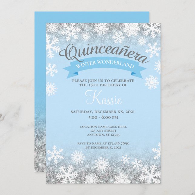 Invitación Winter Wonderland Quinceañera 15th Birthday Silver (Anverso / Reverso)