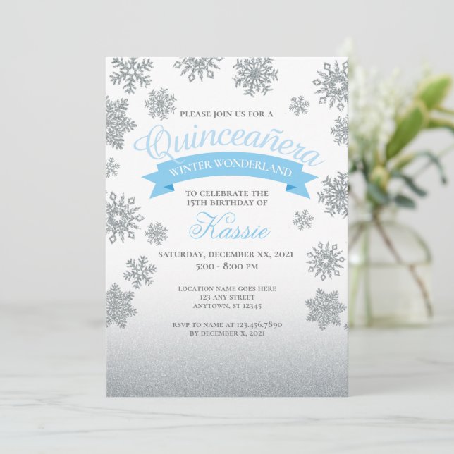 Invitación Winter Wonderland Quinceañera 15th Birthday Silver (Anverso de pie)