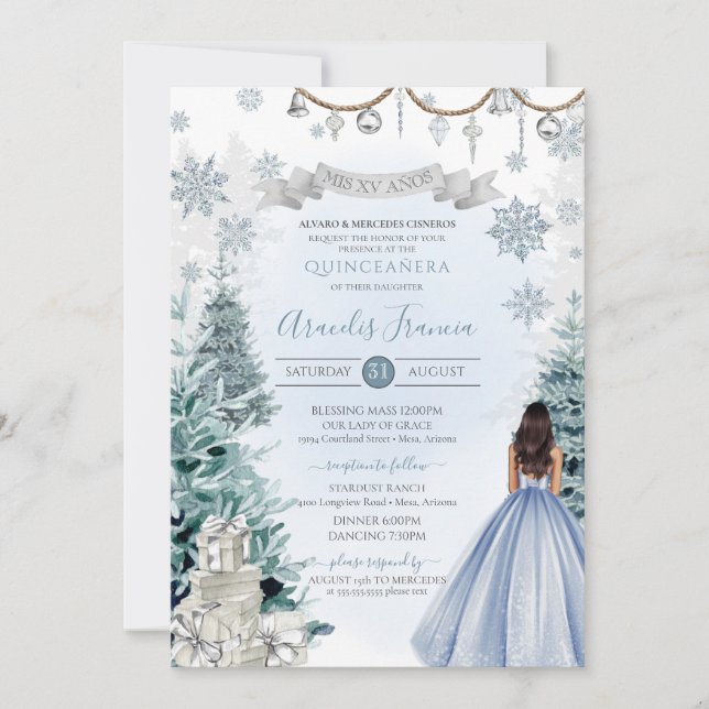 Invitación Winter Wonderland Quinceanera Luz Plata Azul (Anverso)