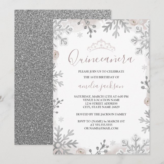 Invitación Winter Wonderland Quinceanera Rubor Silver (Anverso / Reverso)