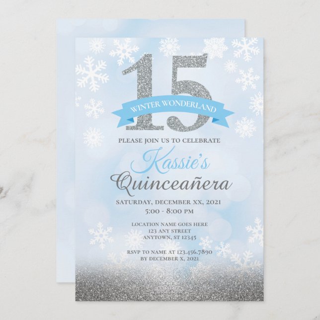 Invitación Winter Wonderland Quinceañera Silver Blue Birday (Anverso / Reverso)
