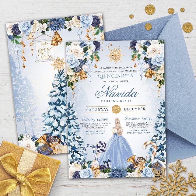 Invitación Winter Wonderland Quinceañera Snowy Blue Floral (Subido por el creador)