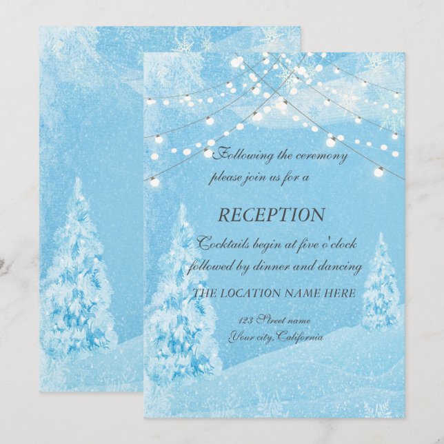 Invitación Winter Wonderland, Recepción de Bodas de Pino Tree (Anverso / Reverso)