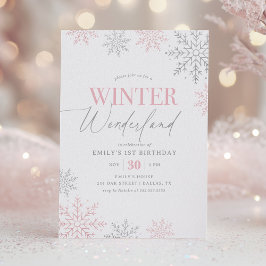 Invitación Winter Wonderland Silver Pink Glitter 1st Birthday