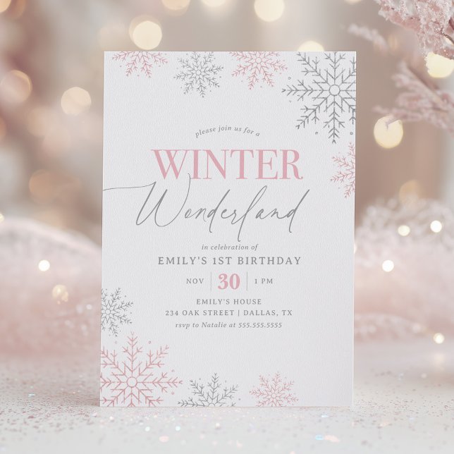 Invitación Winter Wonderland Silver Pink Glitter 1st Birthday (Subido por el creador)