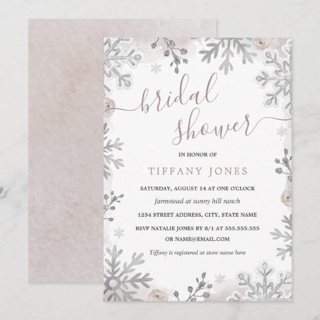 Invitación Winter Wonderland Silver Rubor Bridal Shower (Anverso / Reverso)