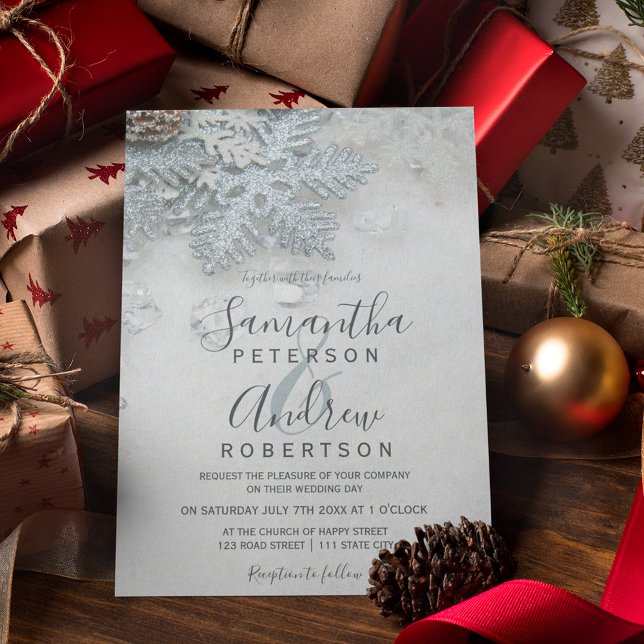 Invitación Winter wonderland silver snow typography wedding (Subido por el creador)