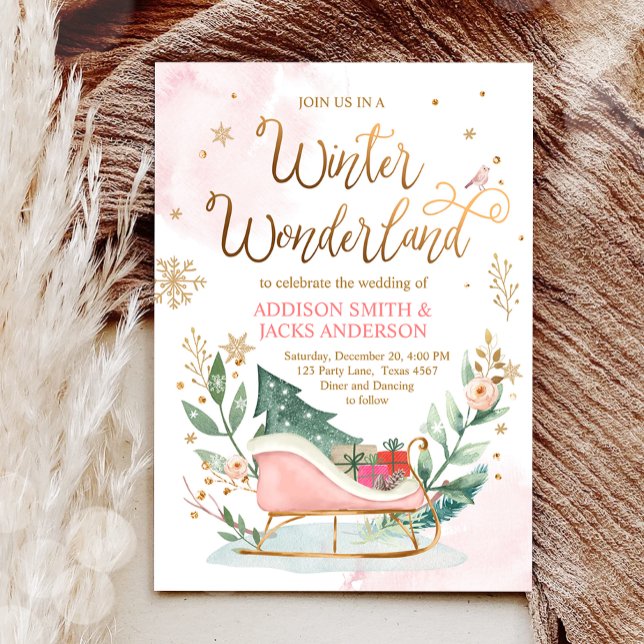 Invitación Winter Wonderland Sleigh Boda Rústico del Oro Rosa (Subido por el creador)