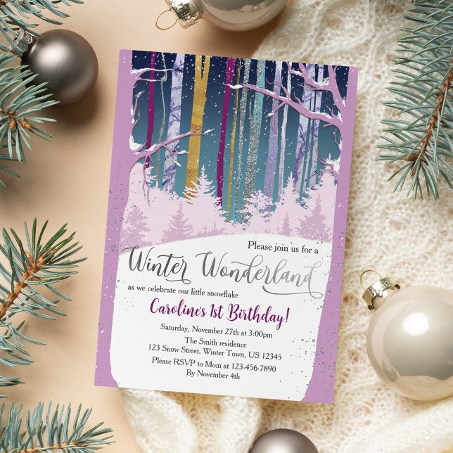 Invitación Winter Wonderland Snow Forest Purple Silver foto (Subido por el creador)