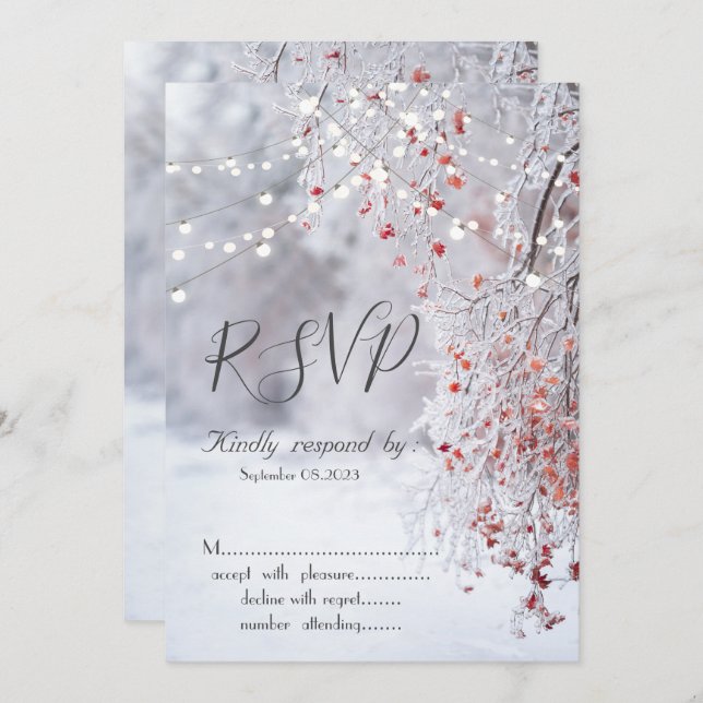 Invitación Winter Wonderland,Snow String Lights RSVP (Anverso / Reverso)