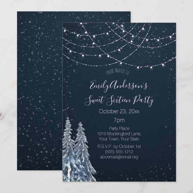 Invitación Winter Wonderland Snowflake Blue Sweet 16 (Anverso / Reverso)