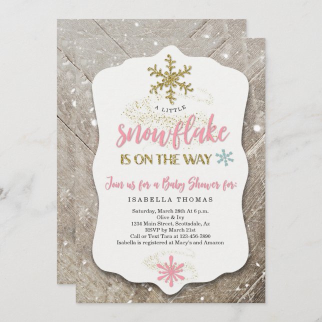 Invitación Winter Wonderland Snowflake Tema Chica Baby Shower (Anverso / Reverso)