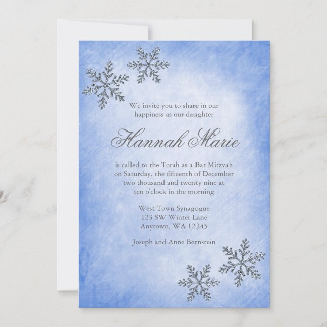 Invitación Winter Wonderland Snowflakes Blue Bat Mitzvah (Anverso)