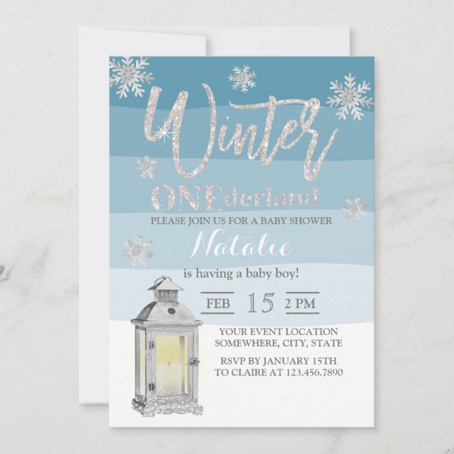 Invitación Winter Wonderland Snowflakes & Lantern Baby Shower (Anverso)