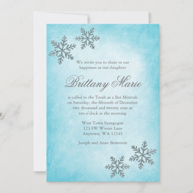 Invitación Winter Wonderland Snowflakes Verde azulada Bat Mit (Anverso)