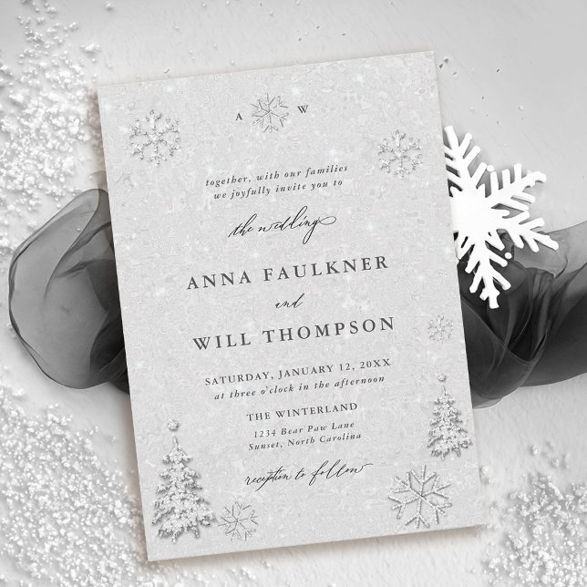 Invitación Winter Wonderland Snowflakes White Elegant Wedding (winter wedding invitations snowflake theme white falling snow forest mountain rustic elegant)