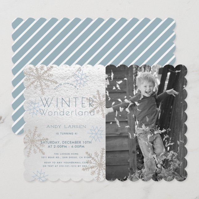 Invitación Winter Wonderland Snowflakke foto azul cumpleaños (Anverso / Reverso)