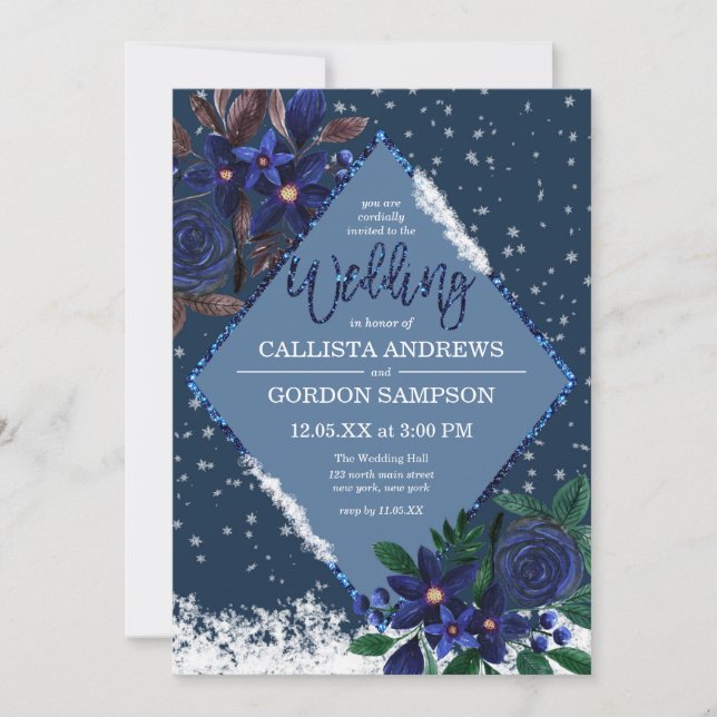 Invitación Winter Wonderland Snowy Floral Watercolor Boda (Anverso)