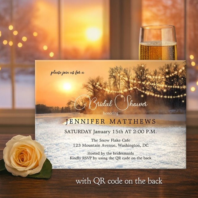 Invitación Winter Wonderland String ilumina QR Bridal Shower (Bridal shower invitation showing a winter wonderland at sunset with sparkling snow and string lights)