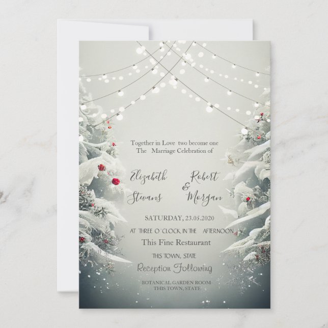 Invitación Winter Wonderland, String Lights Snow Boda (Anverso)