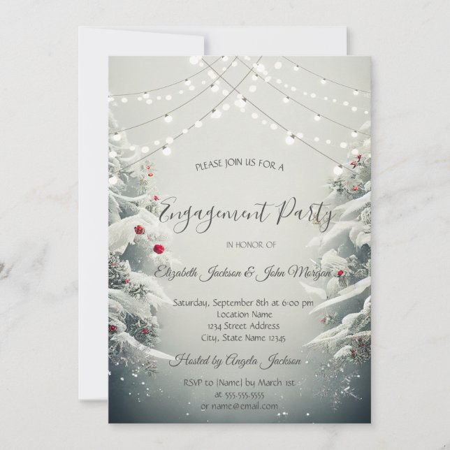 Invitación Winter Wonderland, String Lights Snow Engagement (Anverso)