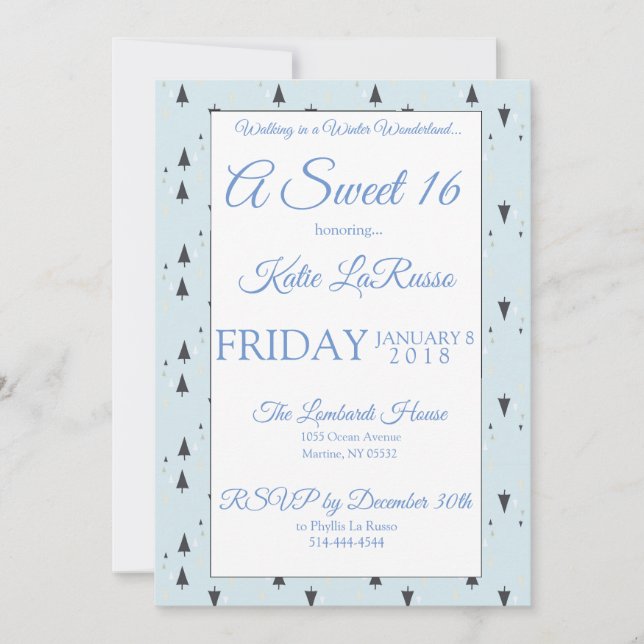 Invitación Winter Wonderland Sweet 16 (Anverso)