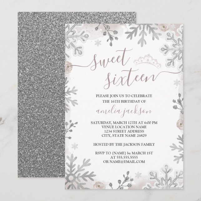 Invitación Winter Wonderland Sweet 16 Rubor Silver (Anverso / Reverso)