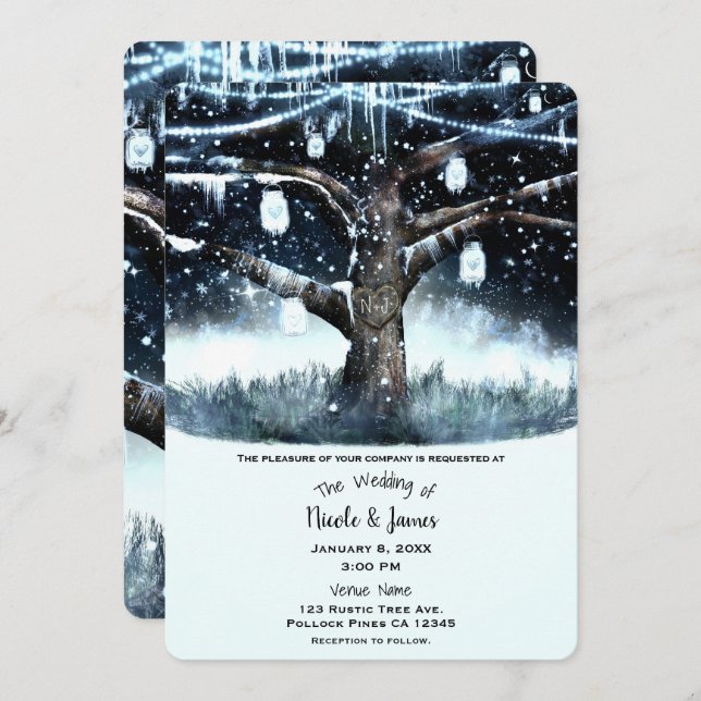 Invitación Winter Wonderland Tree Lights & Mason Jars Boda (Anverso / Reverso)