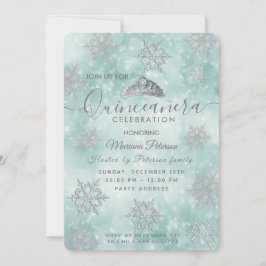 Invitación Winter wonderland verde azulado bokeh tiara Quince