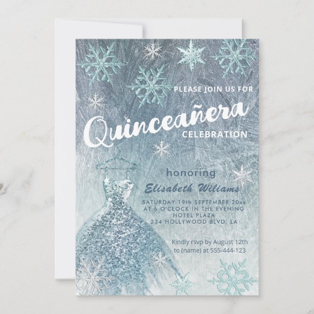 Invitación Winter wonderland vestido azul purpurinoso Quincea (Anverso)