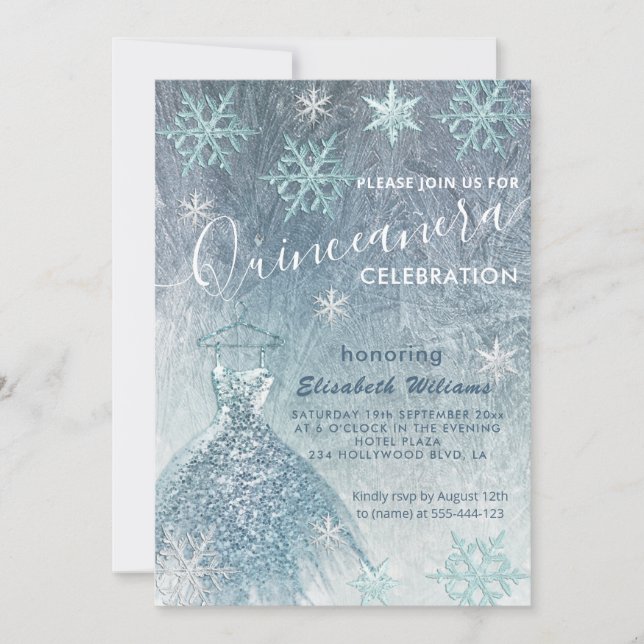 Invitación Winter wonderland vestido azul purpurinoso Quincea (Anverso)