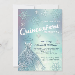 Invitación Winter wonderland vestido azul purpurinoso Quincea