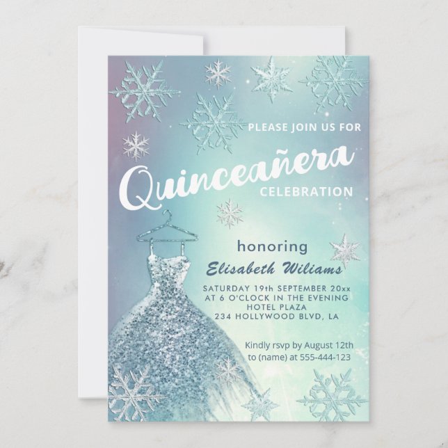 Invitación Winter wonderland vestido azul purpurinoso Quincea (Anverso)