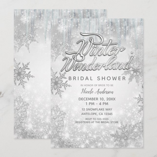 Invitación Winter Wonderland White Snowflakes Elegant Fiesta (Anverso / Reverso)