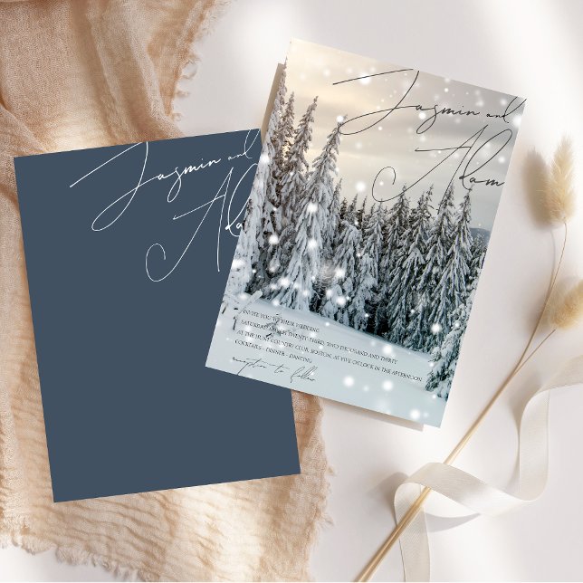 Invitación Winter Wonderland Woodland Boda del guión de la ni (Winter Wonderland Woodland Snow Script Wedding Invitation)