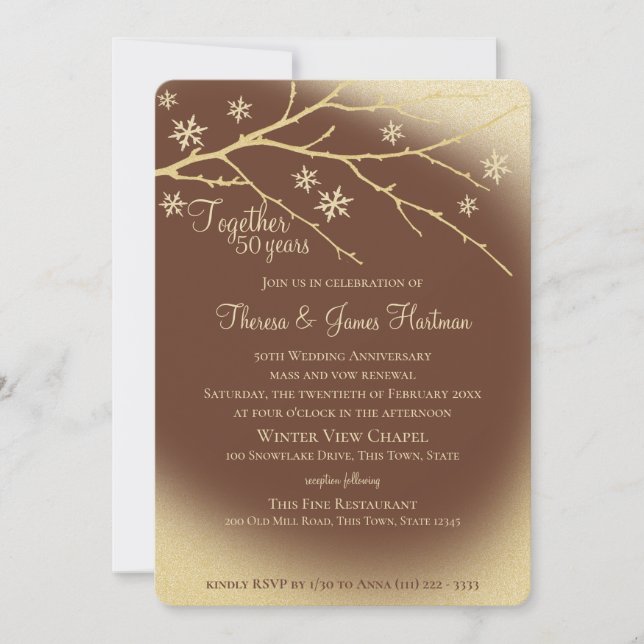 Invitación Winter Woodland 50º aniversario Oro y Brown (Anverso)